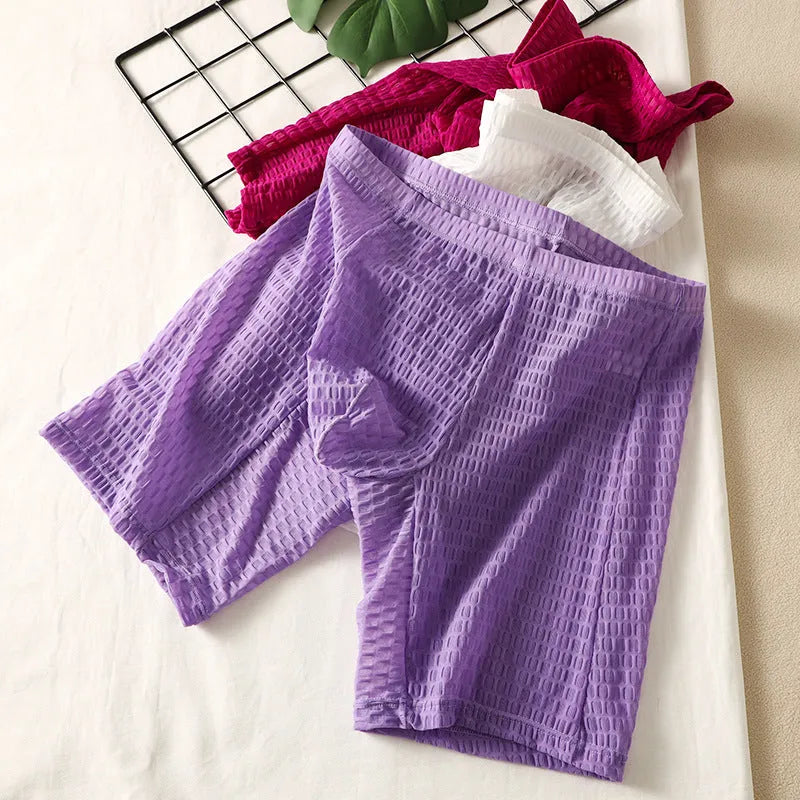 Men's solid colour lace boxer shorts with a hip-lifting design in light purple