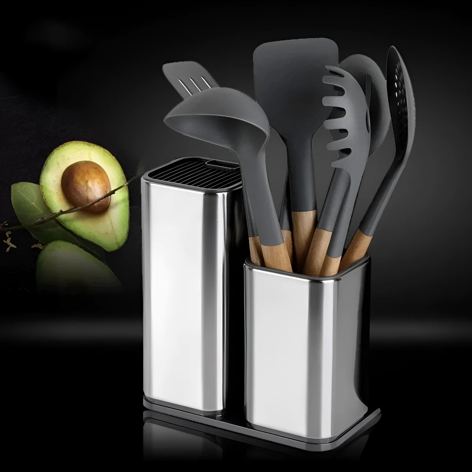 Black stainless steel kitchen tool holder with storage bucket for knives and cutlery organisation