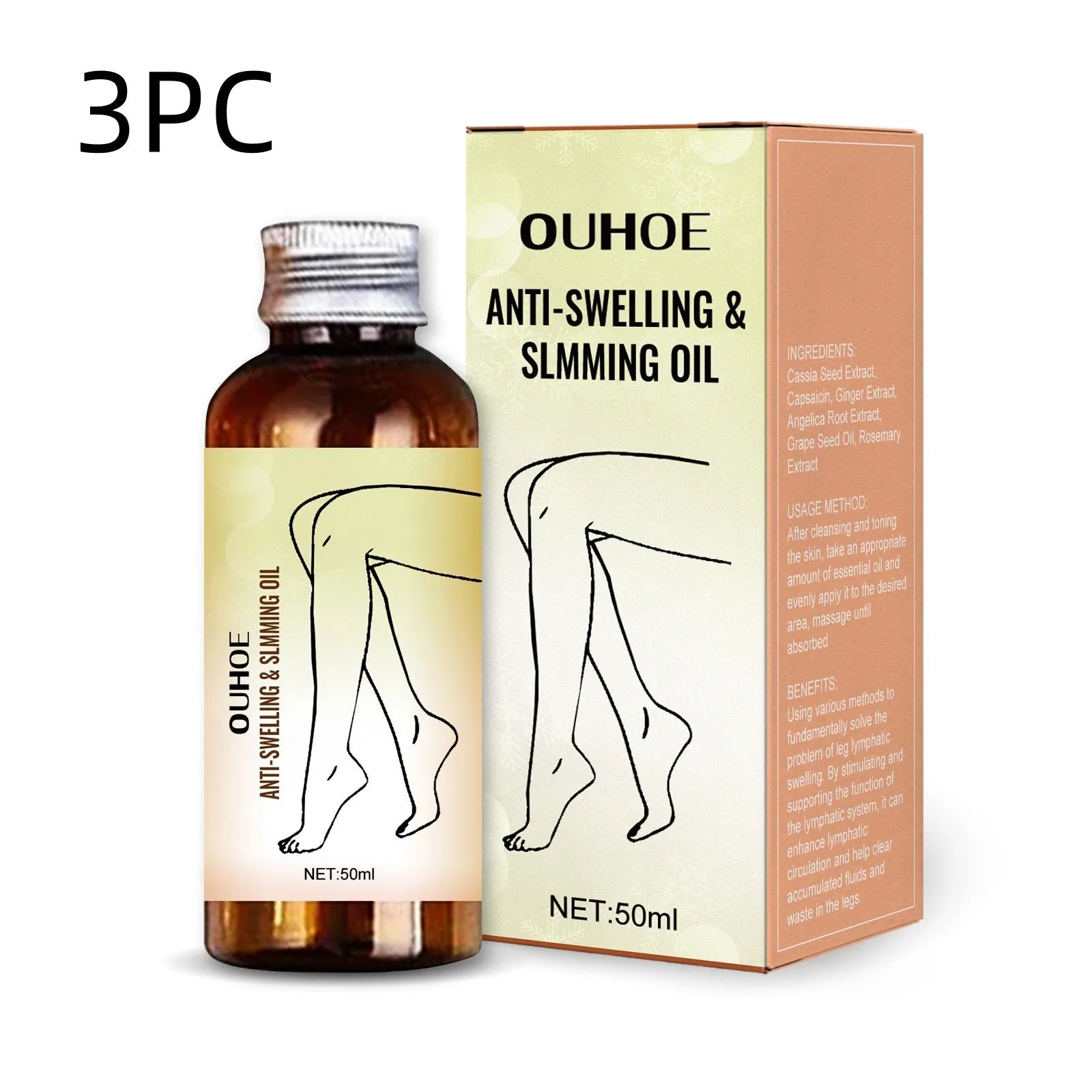 50ml bottle of cassia seed and capsaicin body massage essential oil for leg care