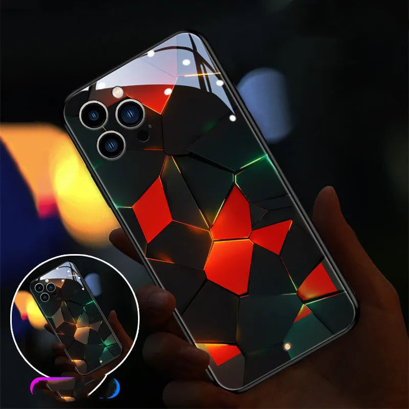 Xpress 14 tempered glass iPhone case with a light-up notification indicator on a table