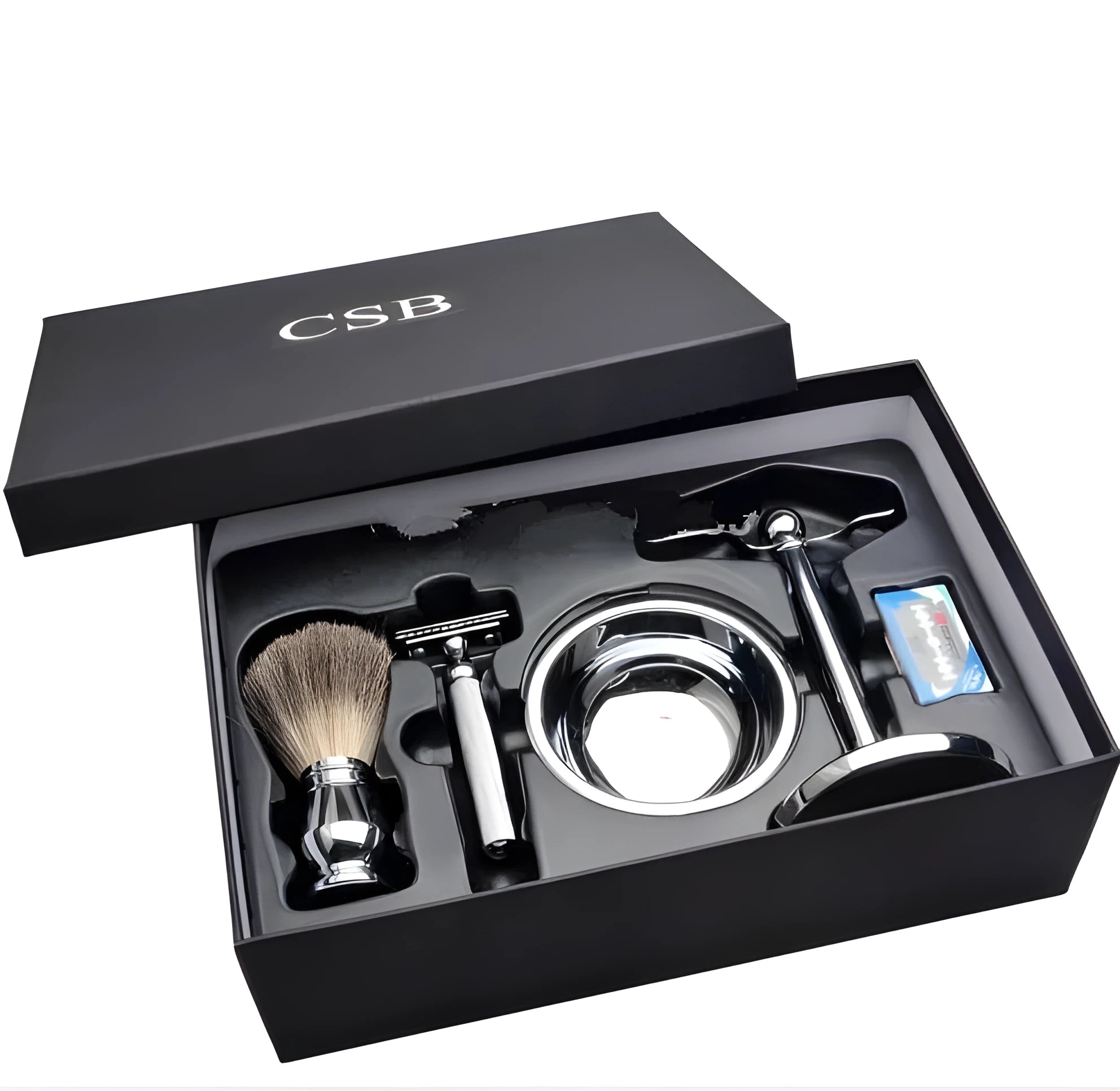 CSB men's shaving set with badger brush, safety razor, chrome stand, zinc bowl, and blades
