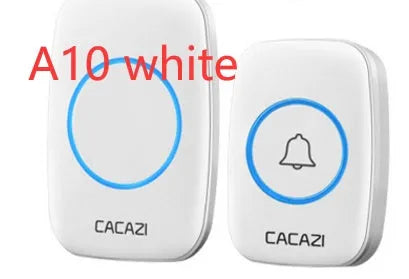 Wireless doorbell kit showing plug-in receiver and battery-powered push-button transmitter in black