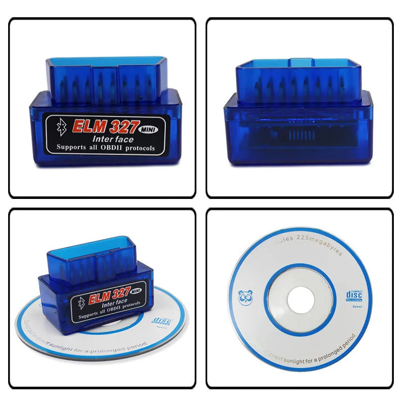 Compact Bluetooth OBD2 automotive diagnostic scanner with ELM327 chip for fault code reading and sensor monitoring