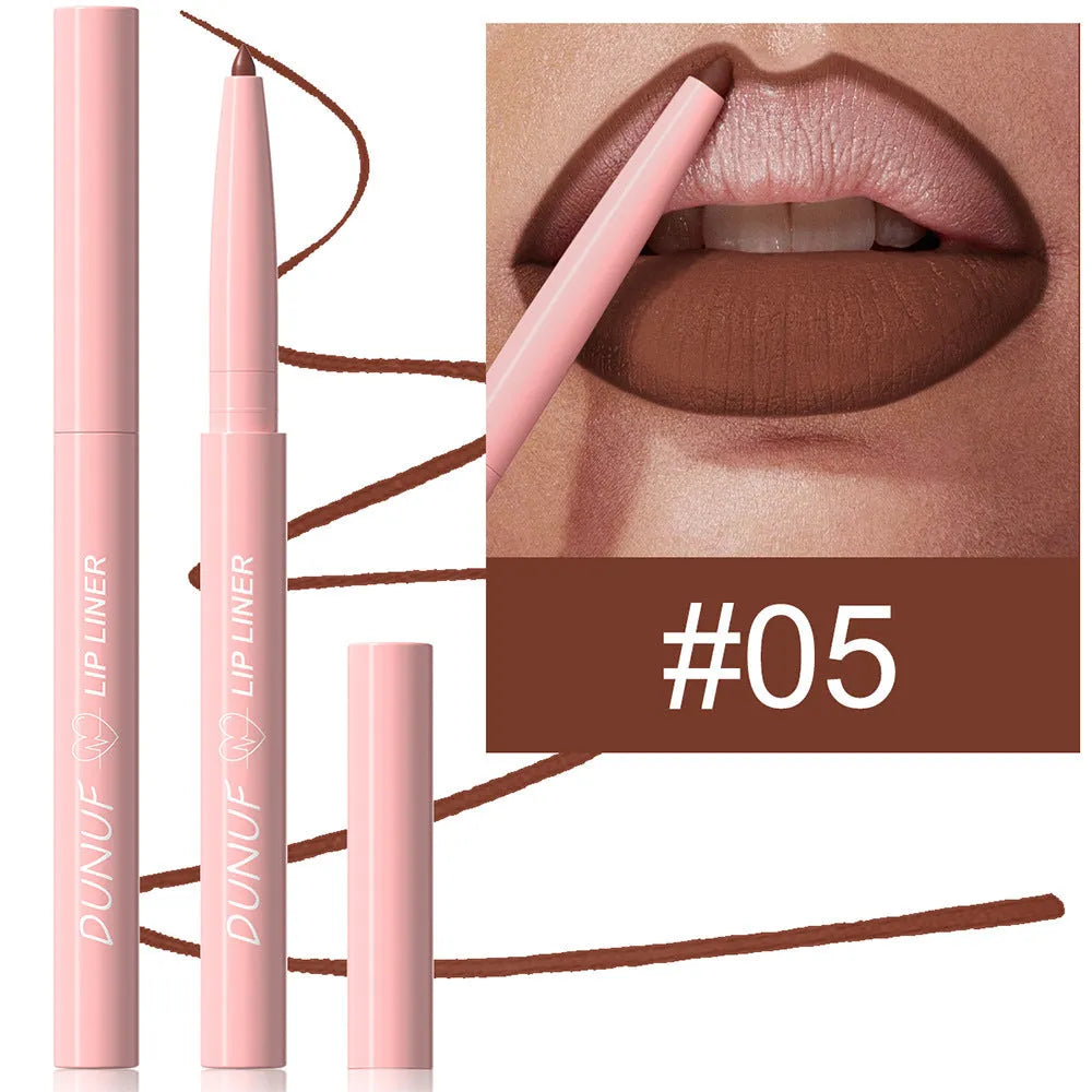12 Colour Velvet Matte Lip Liner pencil showing range of nude, berry and brown shades.