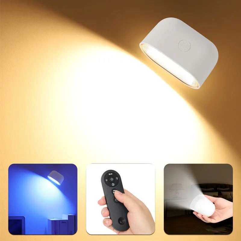 White oval magnetic wall lamp with remote control showing colour changing illumination