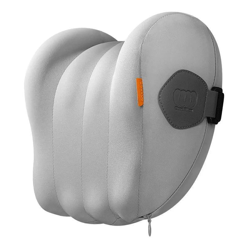 Grey and orange head restraint and lumbar pillow set for suspension bin truck cab.