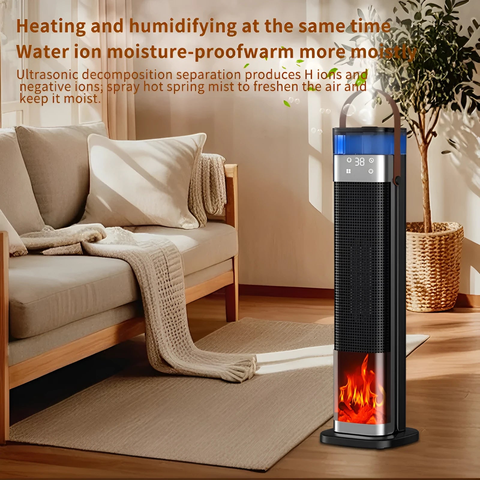 Slim white vertical tower heater with humidification function and remote control on a wooden floor.