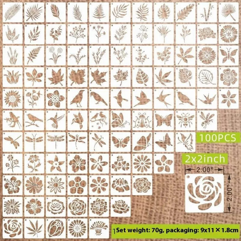 Milky white PET film stencils showing examples of 2-inch flower, animal, and letter designs.