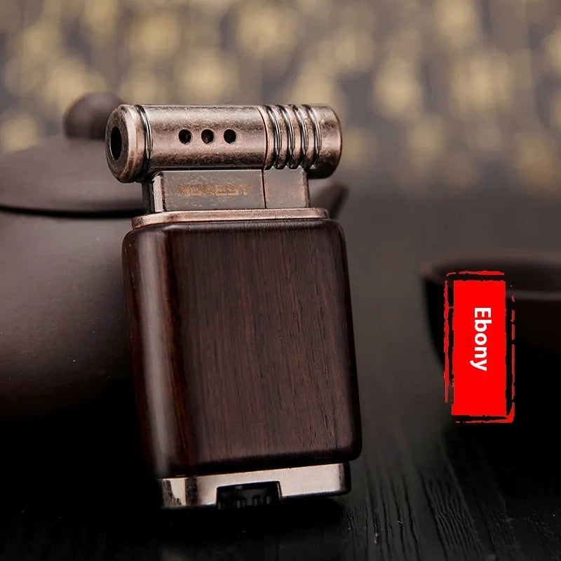 Ebony gas lighter with decorative wood finish in metal construction