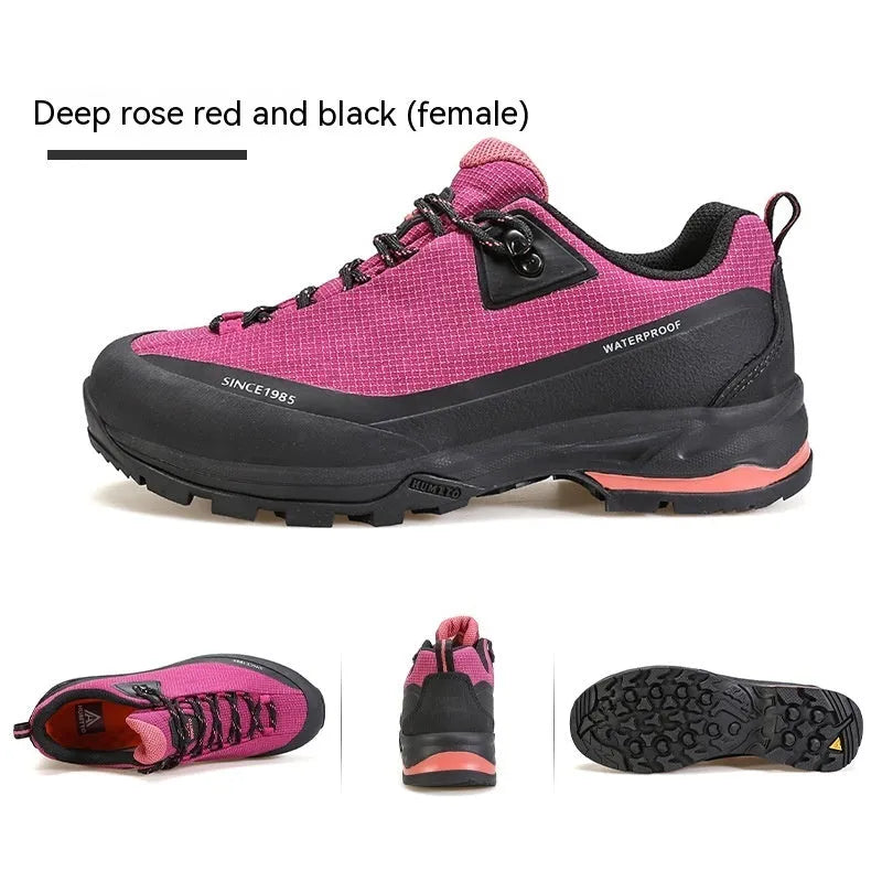 Men's low-top hiking boots in black with a leather mesh upper and rugged rubber outsole.