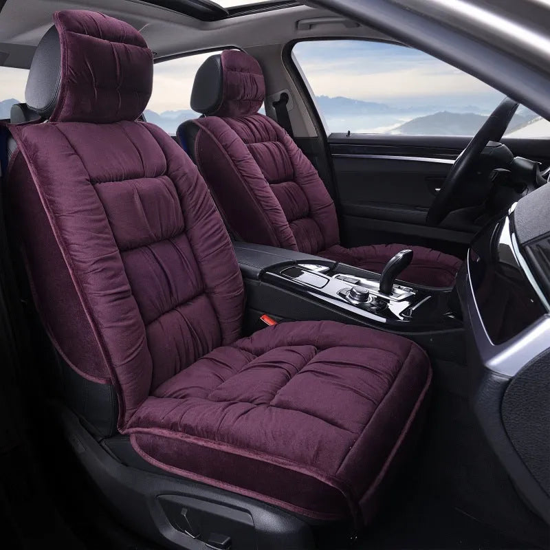 Winter plush car seat cushion showing all-inclusive design on car seat