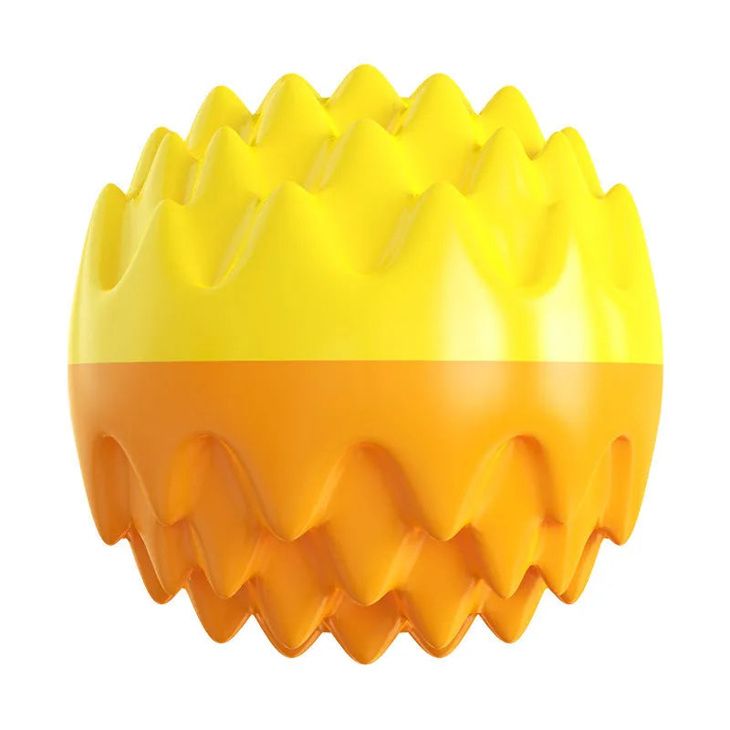 Blue or orange spiky rubber dog ball with dental cleaning texture and squeaker