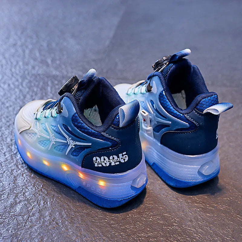Children's knob-adjust roller skates in blue, black, and pink colours with rotating button.
