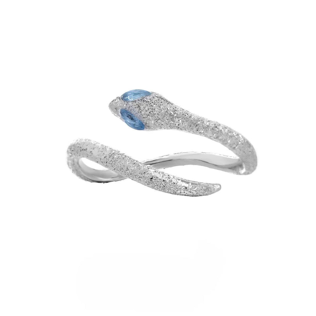 Adjustable opening silver snake zodiac ring with platinum electroplated finish