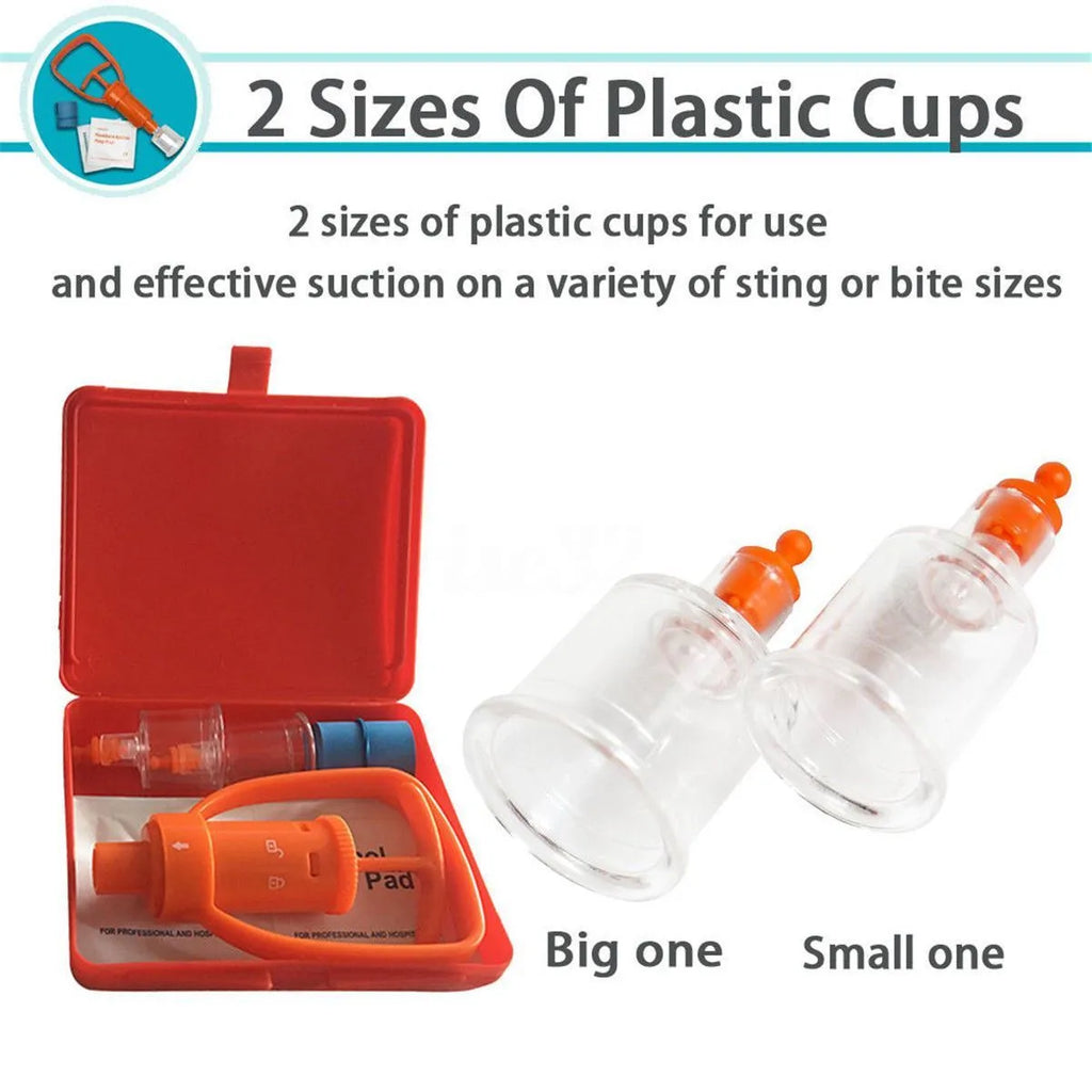 Orange portable venom extractor suction device first aid kit open to show pump, two suction cups, and accessories.