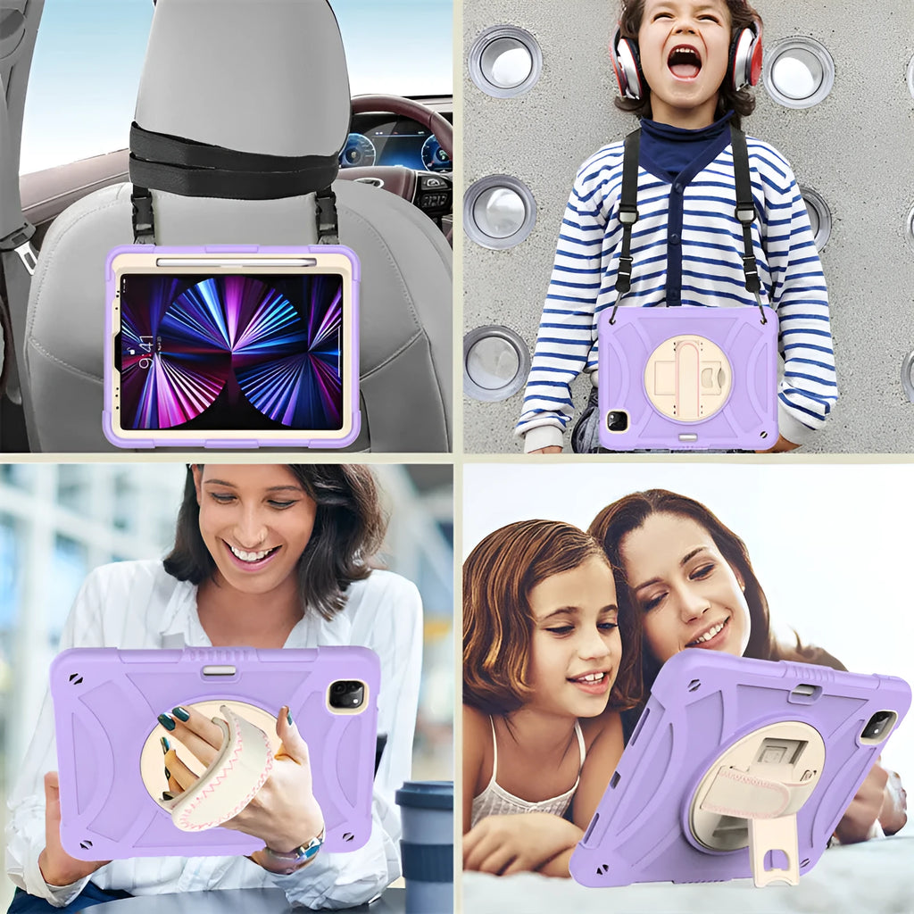 Rotating bracket strap silicone protective case for Apple iPad in multiple colour options.