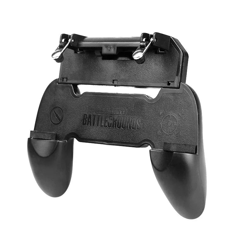 Black mobile phone gaming controller with physical buttons and plug-in connection cable