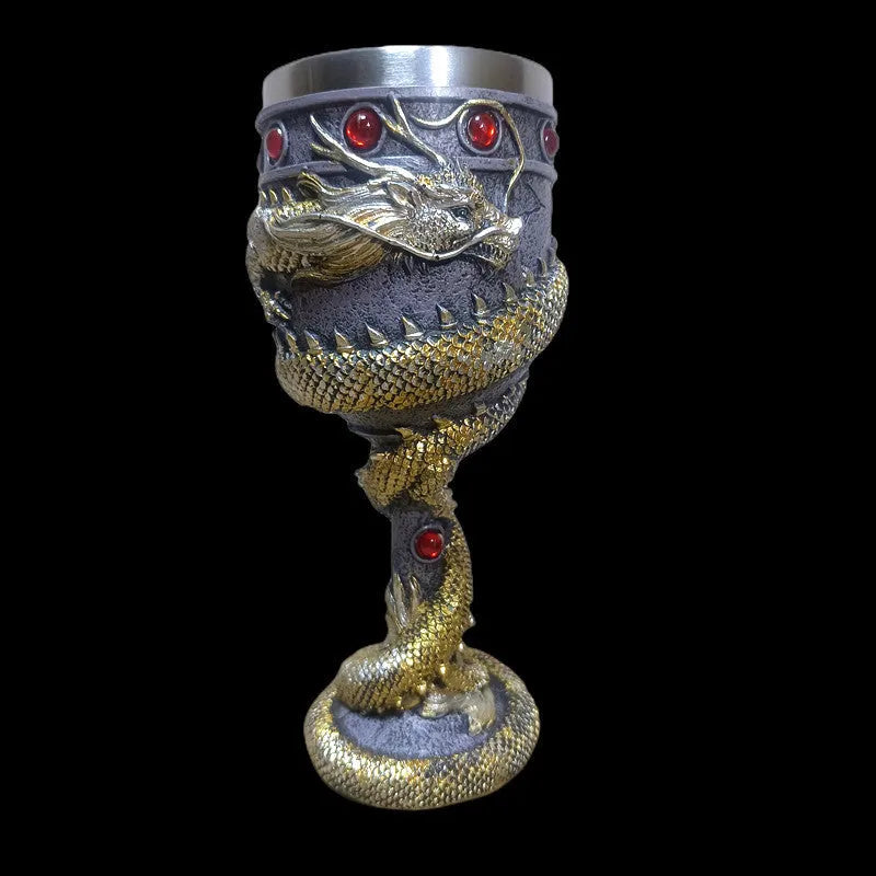 Chinese Dragon 3D stereo red wine glass in gold or red, 200ml capacity, stainless steel and resin construction.