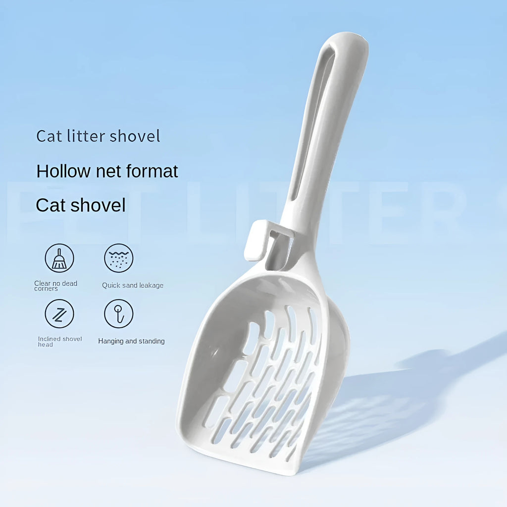 Grey plastic cat litter scoop with attached storage base for litter box cleaning