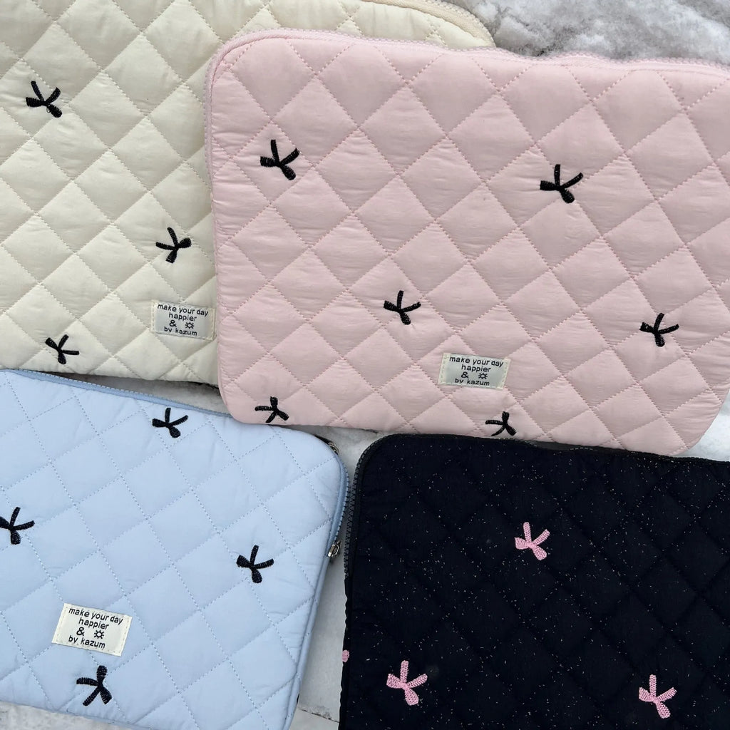 Cute rhombus embroidered bow nylon laptop storage bag in multiple colours and sizes