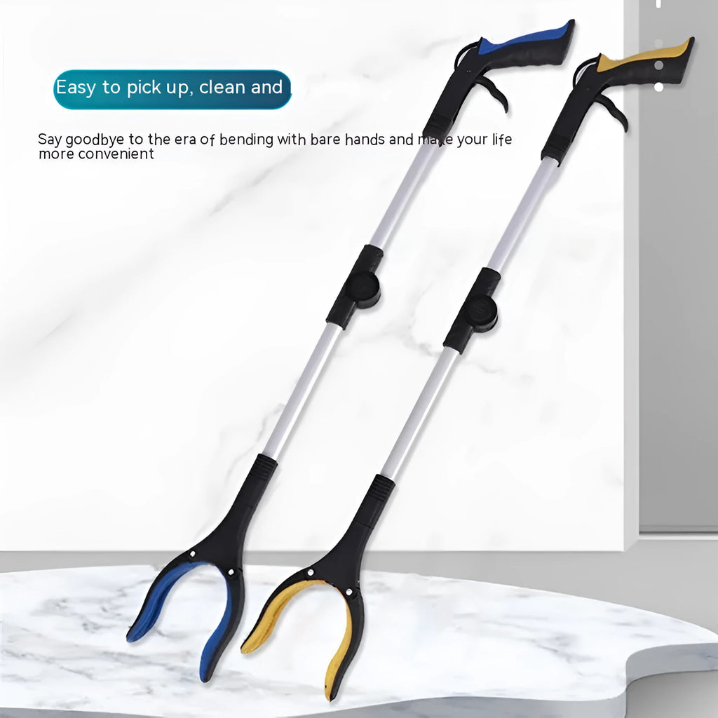 Foldable aluminium sanitation clamp with magnet, shown extended and collapsed with blue handle