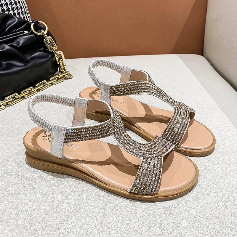 Women's patent leather beach sandals with rhinestones in black, gold and silver colours