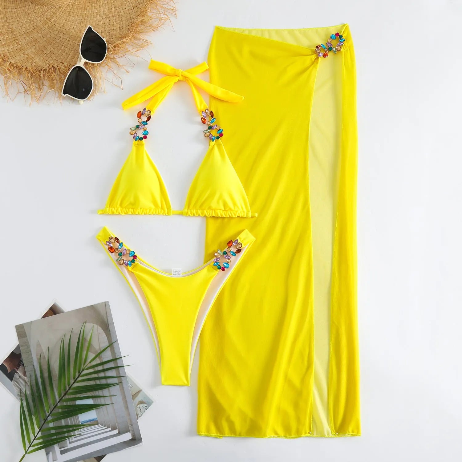 Rose Red three piece bikini set with light diamond mesh long skirt and solid color top and pants for women swimming
