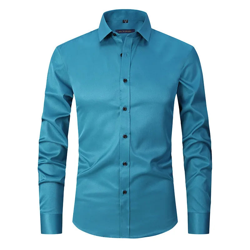Men's long sleeve stretch work shirt in polyester fabric on a hanger.