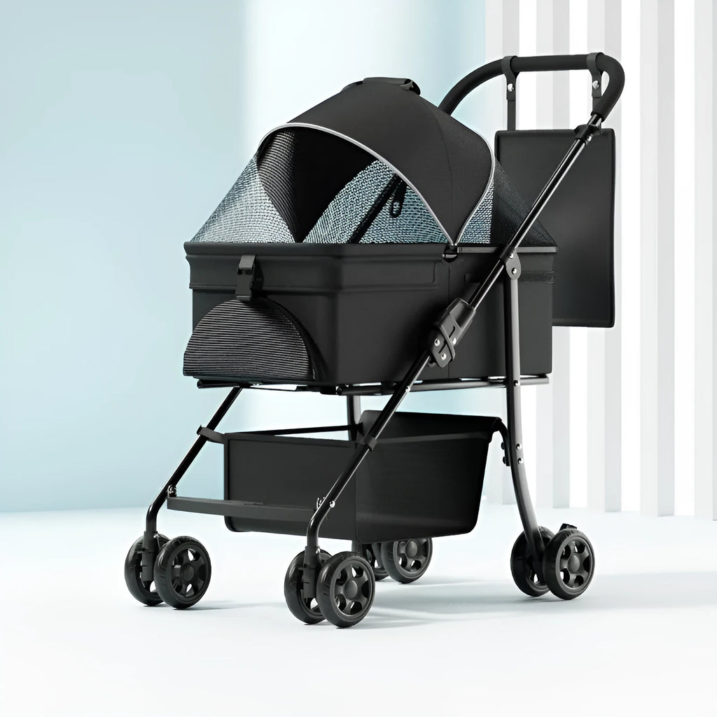 Black folding pet cart with detachable components for dogs and cats