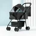Black folding pet cart with detachable components for dogs and cats