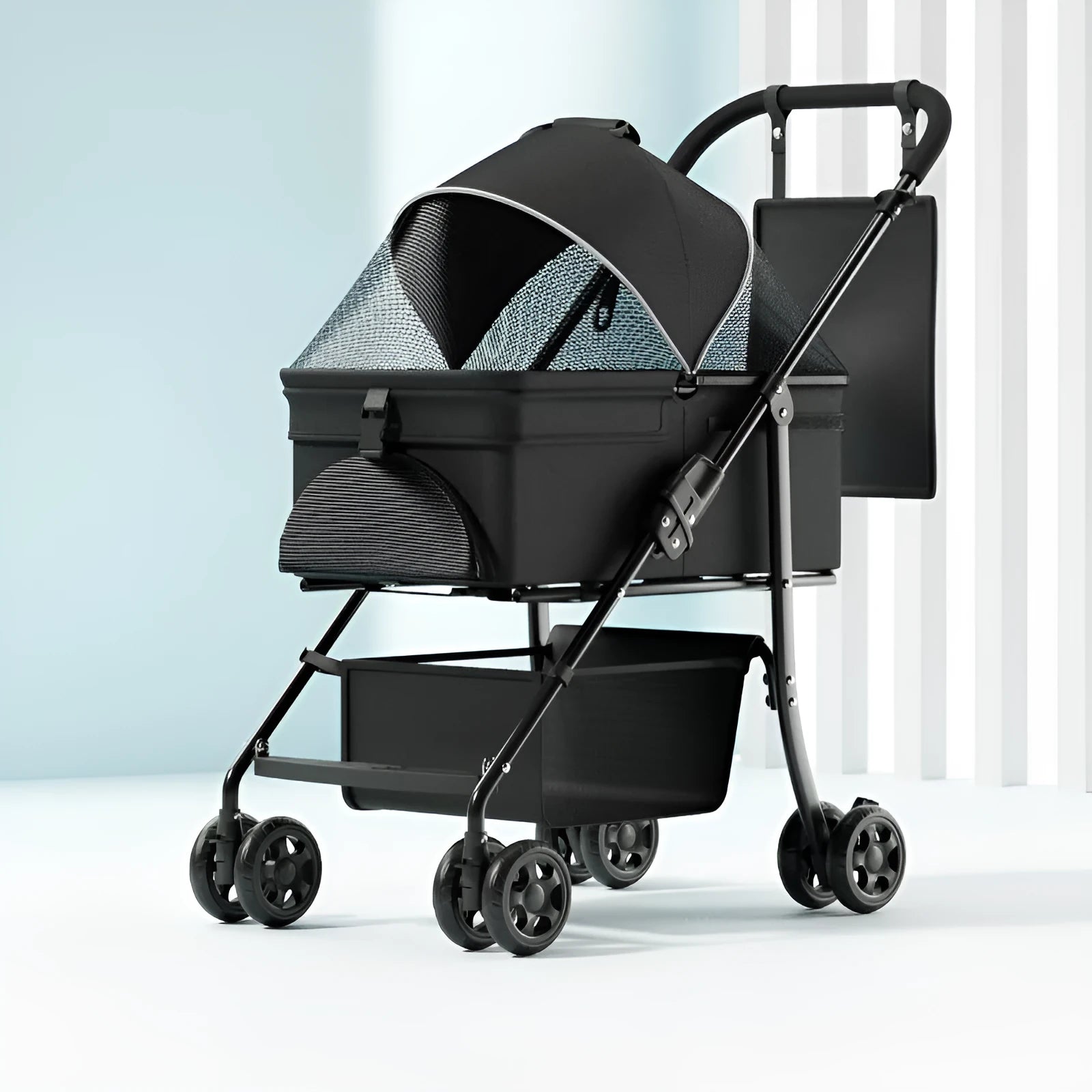 Black folding pet cart with detachable components for dogs and cats