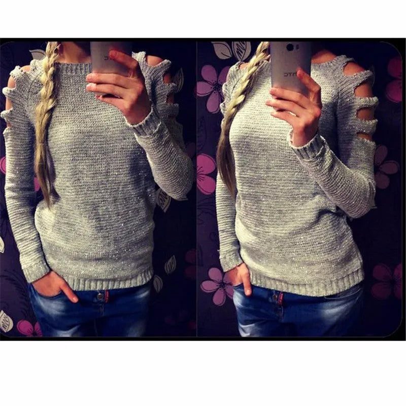 Women's grey knitted round neck shirt with decorative hollow-out long sleeves.