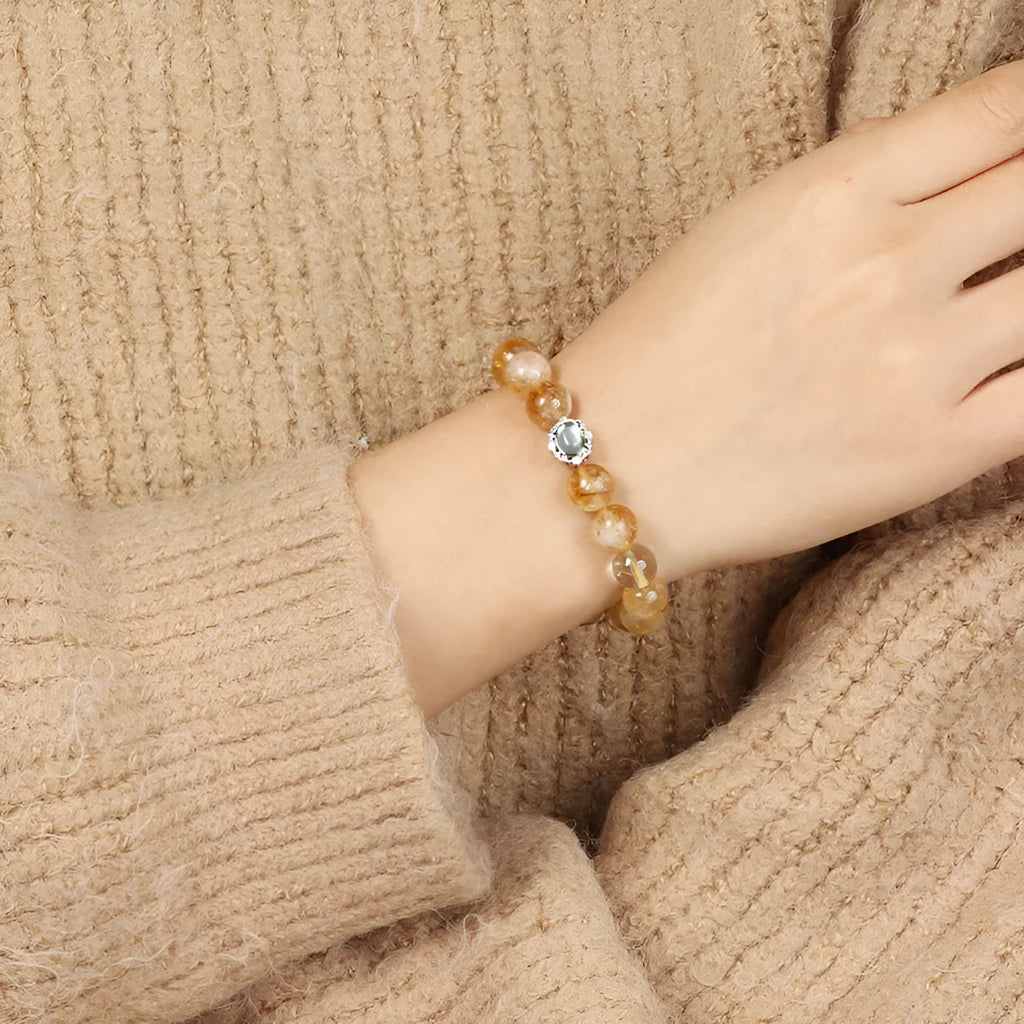 Citrine crystal bracelet with 10mm geometric pattern beads and grinding treatment finish
