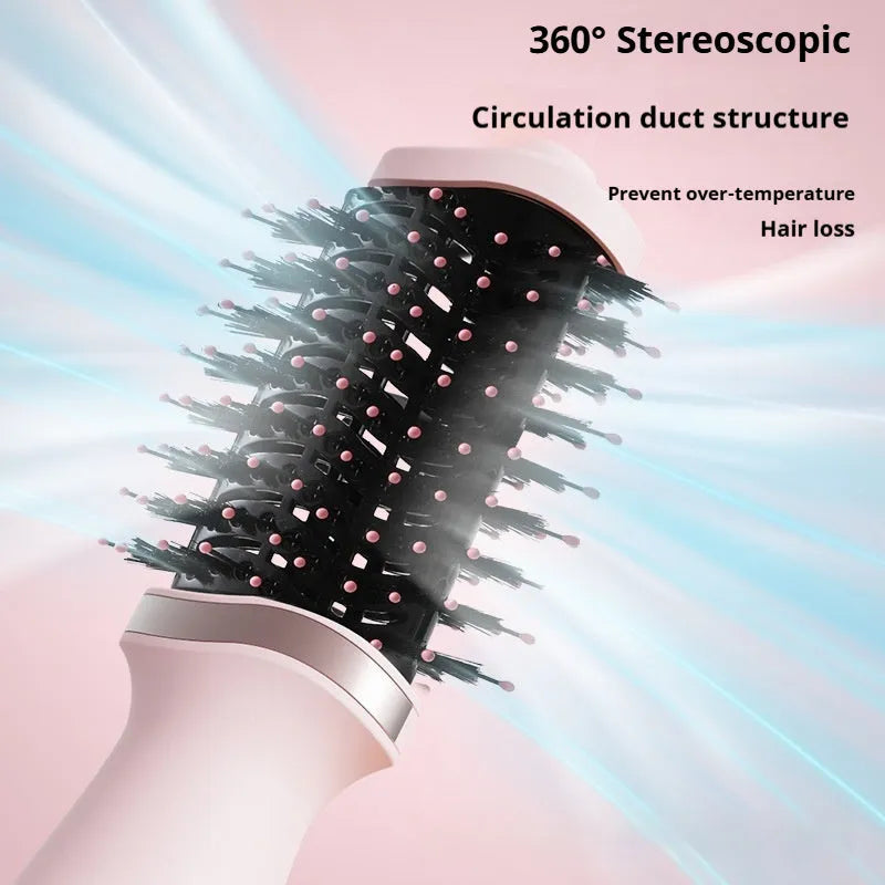 Pink multifunctional hair dryer with integrated comb and curling attachment
