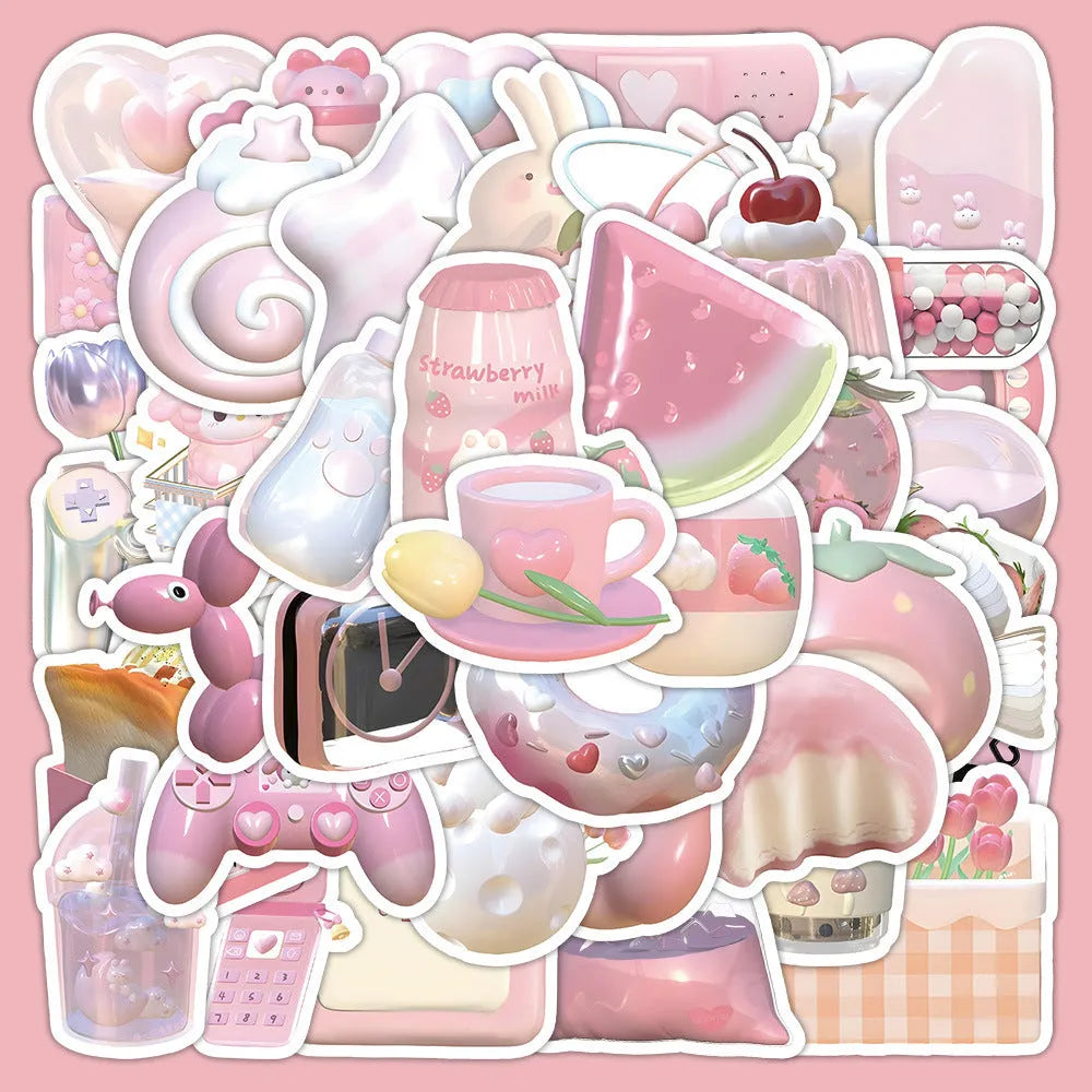Pink girl heart realistic 3D decorative stickers in a cute style, 63 pieces per pack.
