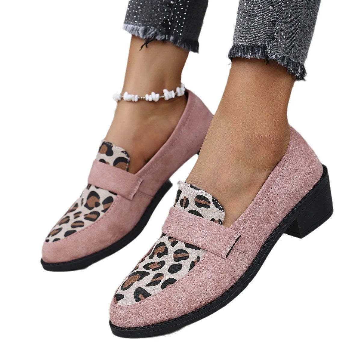 Leopard print suede slip-on shoes with a chunky mid heel and pointed toe in pink, brown, or khaki.