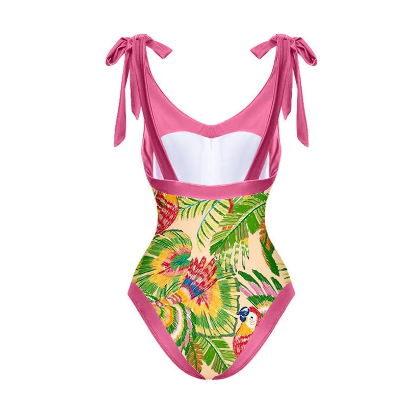 Pink floral print retro one-piece swimsuit with V-neck and thin skirt for women.