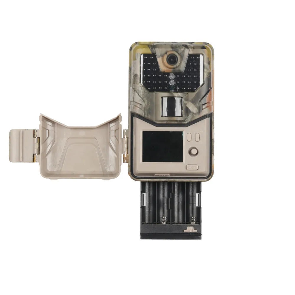 Camouflaged outdoor hunting camera with infrared LEDs, showing compact design for wildlife and security monitoring.