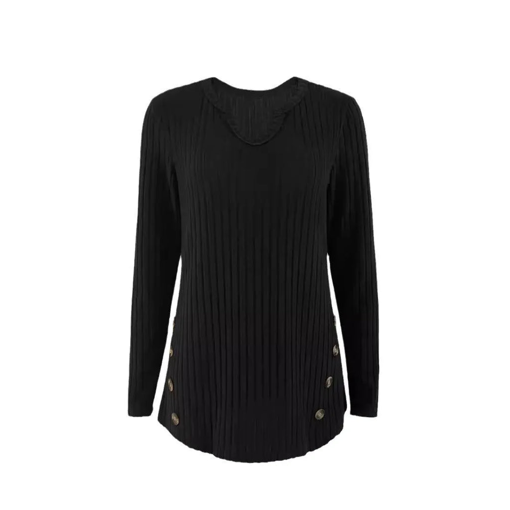 Solid colour casual knitted button pullover sweater in black or grey green.
