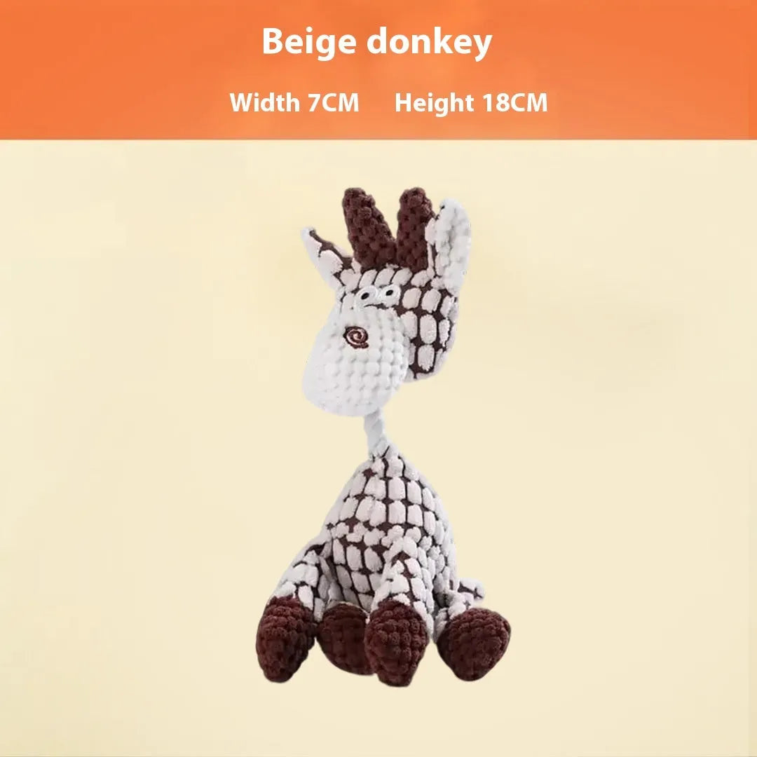 Assorted plush puppy toys including a blue elephant, coloured donkeys, and rechargeable duck styles.