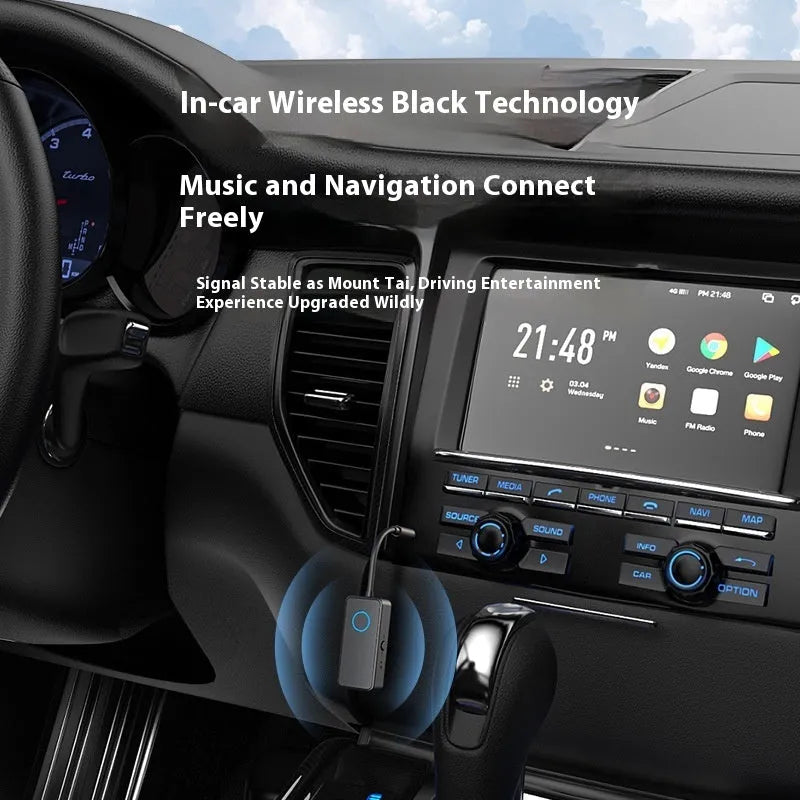 Black Bluetooth 5.4 audio adapter with flexible 3.5mm plug for wireless connectivity