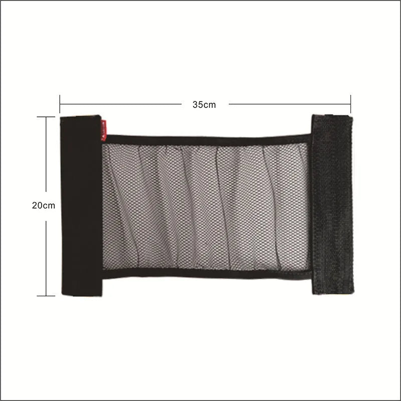 Elastic car boot storage net organiser holding various loose items securely in place