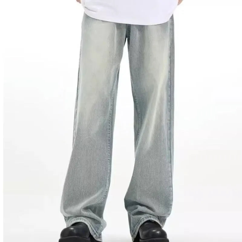 Blue loose-fit retro trousers with an elasticated waistband made from rabbit fur fabric.