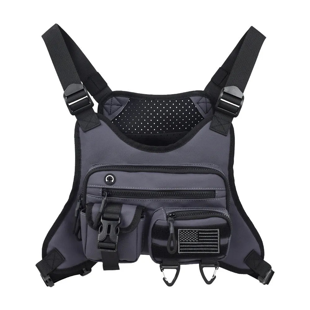 Oxford cloth chest bag with breathable vest design in black, blue, or grey for outdoor sports and riding