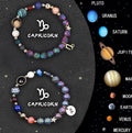 Two natural stone zodiac bracelets with adjustable cords showing astrological symbol beads