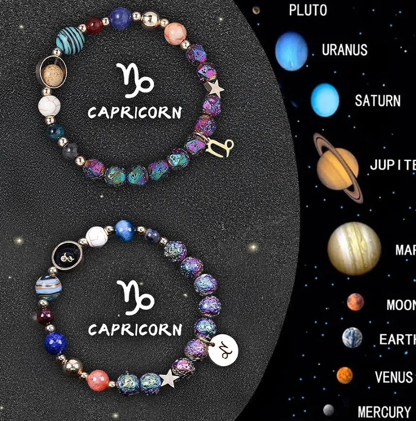 Two natural stone zodiac bracelets with adjustable cords showing astrological symbol beads
