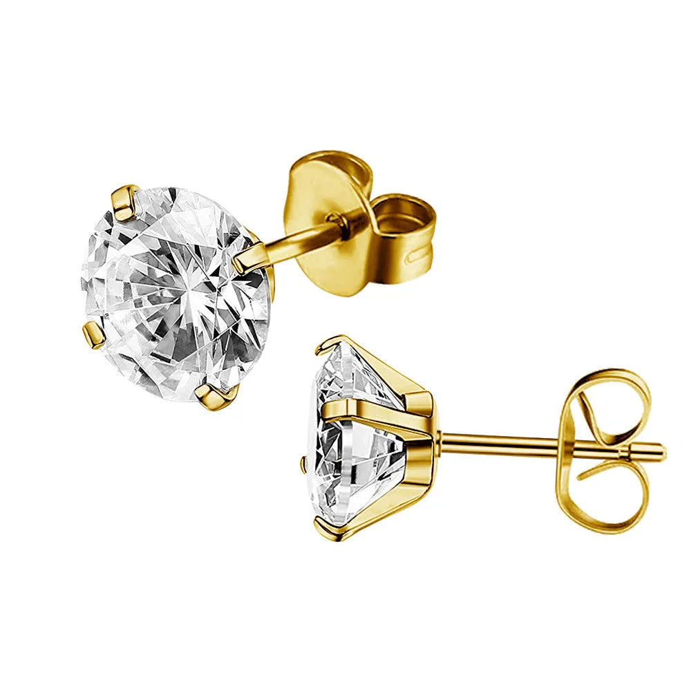 Geometric square stainless steel stud earrings with a round zircon stone, available in gold or steel colour.