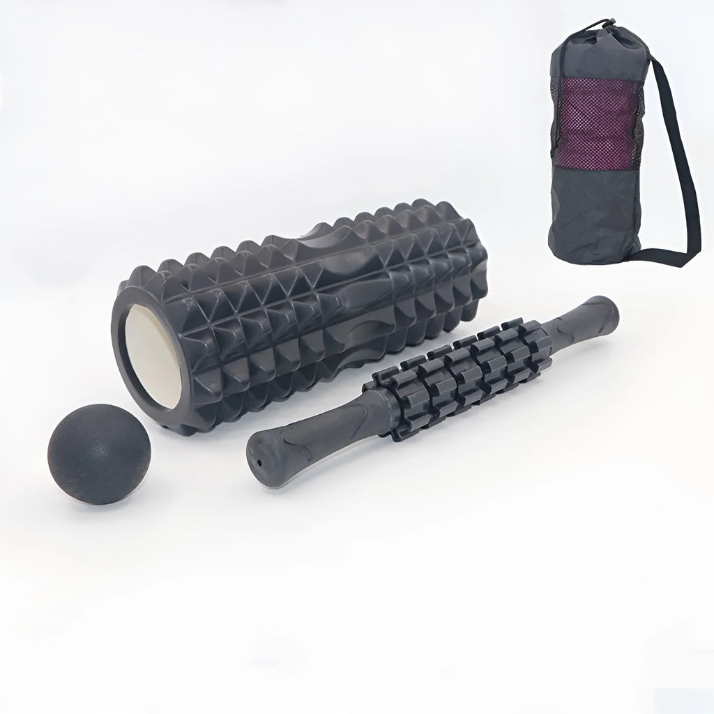 Black 33cm fitness foam roller with six gear massage bar pieces on grey background