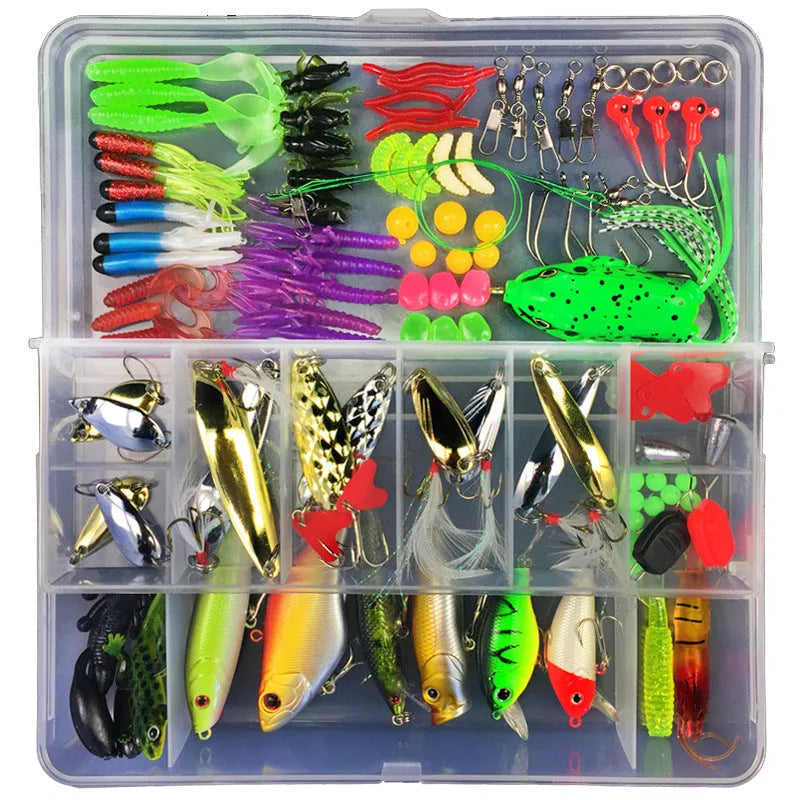 Fishing lure suit set showing soft plastic baits in frog patterns with colour thread inside PP storage box