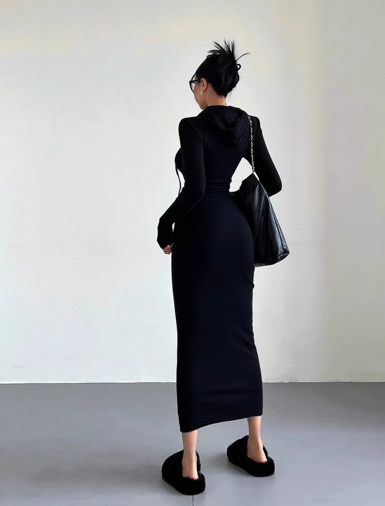 Women's grey hooded sheath dress with long sleeves and high waist, knee-length polyester fabric
